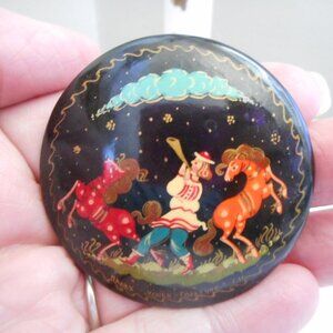 Vintage Hand painted  Russian Lacquer Pin Brooch Horses